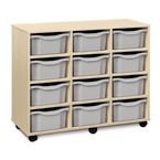 Triple Column Mobile Storage Unit- Beech Effect with 12 Double Light Grey Trays