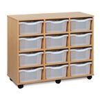 Triple Column Mobile Storage Unit- Beech Effect with 12 Double Translucent Trays