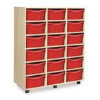Triple Column Mobile Storageunit - Beech Effect with 18 Double Red Trays