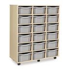 Triple Column Mobile Storage Unit- Beech Effect with 18 Double Light Grey Trays