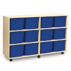 Quad Column Mobile Storage Unit- Beech Effect with 12 Triple Sized Blue Trays