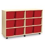Quad Column Mobile Storage Unit- Beech Effect with 12 Triple Sized Red Trays