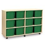 Quad Column Mobile Storage Unit- Beech Effect with 12 Triple Sized Green Trays