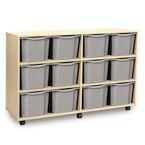 Quad Column Mobile Storage Unit -beech Effect with 12 Triple Sized Light Grey Trays