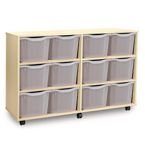 Quad Column Mobile Storage Unit -beech Effect with 12 Triple Sized Translucent Trays