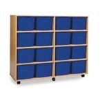 Quad Column Mobile Storage Unit- Beech Effect with 16 Triple Sized Blue Trays