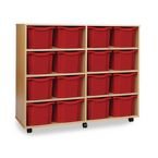 Quad Column Mobile Storage Unit- Beech Effect with 16 Triple Sized Red Trays