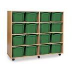 Quad Column Mobile Storage Unit- Beech Effect with 16 Triple Sized Green Trays