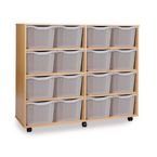 Quad Column Mobile Storage Unit -beech Effect with 16 Triple Sized Translucent Trays