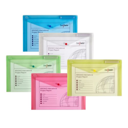 Secure your documents in style with the Snopake Polyfile. These envelope type wallets are made of durable polypropylene to protect your documents from damage, scuffing or spills. Each file features a press-stud closure for security and a clever index tab at the top for organised filing. Suitable for A4 and foolscap filing, this pack contains 5 assorted Polyfiles in blue, yellow, red, green and clear.