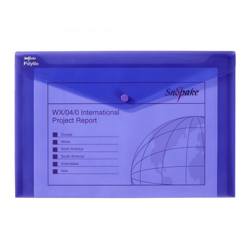 The Snopake Polyfile was launched in 1995, as a tough, elegant and environmentally-friendly alternative to the manilla folder. Manufactured from tough, long-lasting polypropylene, it is easy to wipe clean and is available in an array of vibrant colours and soft clear pastels. Complete with a coloured press-stud that ensures that documents stay safely inside the folder.