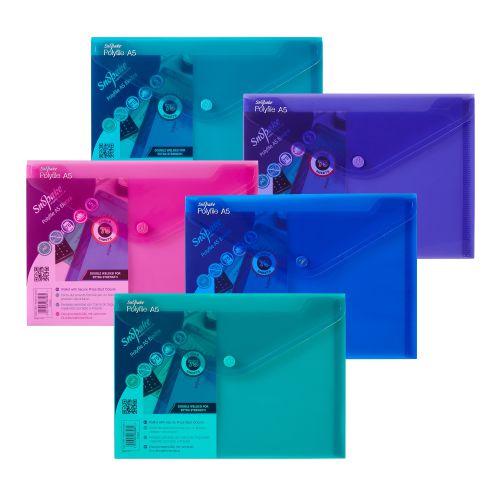 Secure your documents in style with the Snopake Polyfile in bold Electra colours. These envelope-like wallets are made of durable polypropylene to protect your documents from damage, scuffing or spills. Each file features a press stud closure for secure filing and comes in A5 size. This pack contains 5 assorted files in pink, purple, turquoise, green and blue.