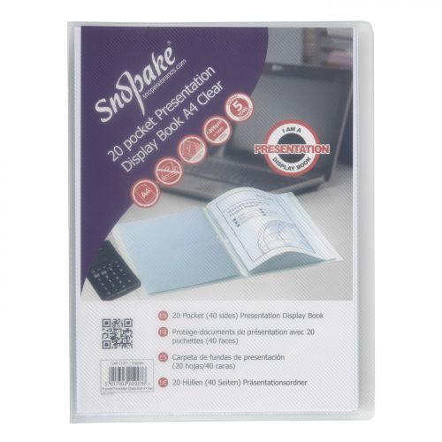 SK01927 | This Snopake Superline presentation display book adds style and flair to any presentation. The book contains 20 A4 pockets for displaying up to 40 pages, with transparent covers for personalisation. The tough pockets are made from 100% copy safe polypropylene and keep documents protected. The strong and rigid 'Superline' embossed covers provide a professional finish to your work. This pack contains one A4 book with 20 pockets.