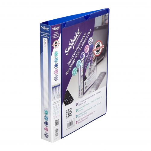 This super strong Snopake executive Presentation Ring Binder is made from 1.8mm thick polypropylene for free-standing storage. The top quality 4D-ring binding mechanism has a 25mm capacity for A4 documents. The binder features a full length cover on the pocket and a reversible spine label for personalisation. Aditionally, the binder comes with an internal pocket for storing unpunched papers and a business card holder for a professional finish. This pack contains 1 A4 binders in bold Electra™ Blue.
