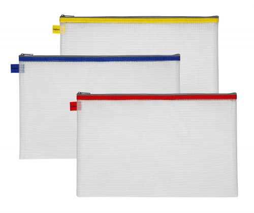 Snopake Mesh Zippa Bag EVA Foolscap 300 Micron Assorted Colours (Pack 3) - 15819
