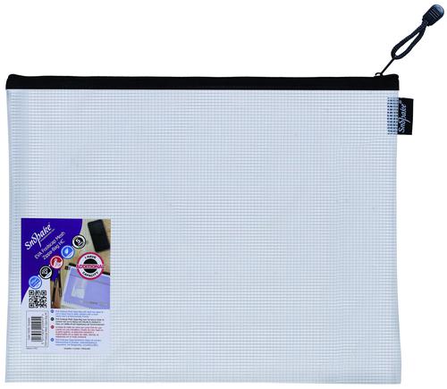 Safely store items in this Snopake Eva Mesh Zippa bag, which is made from reinforced heavy duty mesh with sewn edges. The bag is water resistant to protect the contents and features a metal zip top fastening. Holds 600 sheets. The material is environmentally friendly and durable with black bands of material to the top for colour coding and easy identification.