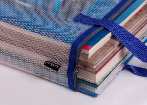 Snopake's EVA Mesh Book/Project Bag is the ideal carry bag for your books, art supplies and other essential items. The versatile fabric carry-handle has a soft leather-like grip designed to transport contents with comfort and ease; it can also be used as a stylish shoulder bag. Handy card holder on the front allows you add your personal touch to each bag, perfect for school and work use. Multi-purpose A4 (405x280mm) sized bag features a gusseted base providing extra capacity, ideal for larger items with bulky or awkward shapes. Long-lasting smooth top zip with metal pull and colour co-ordinated hanging loop allows for quick, easy access and retrieval of contents.