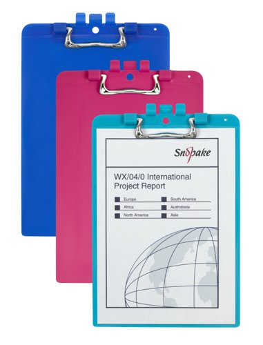SK22266 | This stylish blue Snopake clipboard with pen holder is ideal for holding unpunched loose papers, forms and documents. This strong, yet lightweight clipboard is manufactured from tough 2.3mm thick polypropylene and features a heavy duty ergonomic metal clip to secure your paperwork. This clipboard allows you to easily and safely transport important documents. With the convenient, built-in pen holder you are able to ensure everything you need is stored in one place. With the handy integrated hole for hanging your clipboard, making it accessible, and saving on desk space. Includes a string hole, allowing you to attach an additional pen or pencil to the clipboard.
