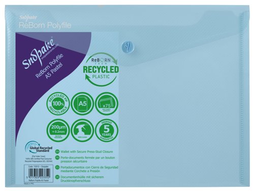 Snopake ReBorn A5 Polyfile Popper Wallet with Press-Stud Closure Pastel PK5 15910