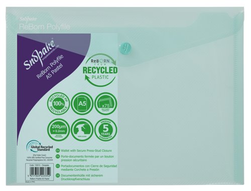 Snopake ReBorn A5 Polyfile Popper Wallet with Press-Stud Closure Pastel PK5 15910