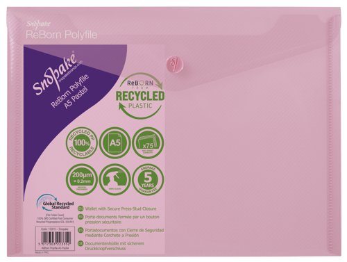 Snopake ReBorn A5 Polyfile Popper Wallet with Press-Stud Closure Pastel PK5 15910