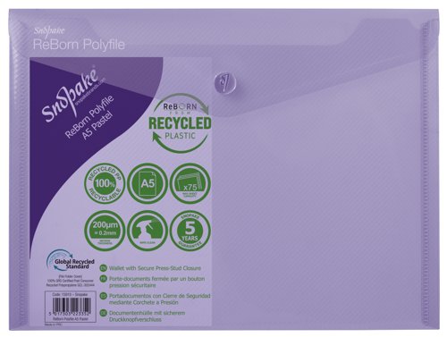 Snopake ReBorn A5 Polyfile Popper Wallet with Press-Stud Closure Pastel PK5 15910