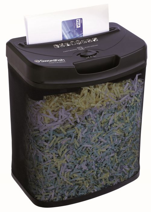 The Swordfish 800XC in black, is a very fast light-duty shredder with a cutting speed of 2.2m a minute and an 8 sheet capacity to deal with your entire home paper shredding. The stylish mesh bin means you can easily see when the bin needs emptying. To empty the bin simply use the built-in handles and lift off.The Swordfish 800XC features auto/start stop and reverse functions and can shred a single piece of A4 paper into 370 cross-cut pieces.2 minute duty cycleConforms to DIN level P-3* Using 70gsm weight paper