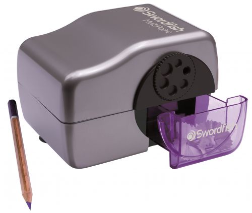 The Swordfish MultiPoint Electric Pencil Sharpener sharpens up to 6 different pencil thicknesses for versatile use. Sharpening a standard 8mm pencil in just 4 seconds, the electric sharpener has a strong, replaceable helical blade. The auto-stop feature prevents over-sharpening and there is also a safety cut off switch for when the tray is removed. The easy to empty shavings trays has a capacity of up to 10 pencils, which can be sharpened in less than a minute. The electric sharpener can be used with 6, 7, 8, 9, 10 and 11mm diameter pencils.