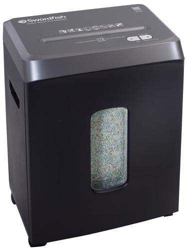 The Swordfish 600XXC in black, is a very fast light-duty shredder with a cutting speed of 2.2m per minute and a 6 sheet capacity to deal with your entire paper shredding. What makes this shredder so special is the extremely secure shredding & the whisper quiet sound. The bin viewing window means you can easily see when the bin needs emptying. The 600XXC is mounted on castors for easy movement around the office.The Swordfish 600XXC features auto/start stop and reverse functions, shreds credit cards and small staples and shreds A4 paper into P-5 security level cross-cut pieces (approx 6237 pieces).2 minute duty cycle.Conforms to DIN level P-5 / E-5* Using 80gsm weight paper
