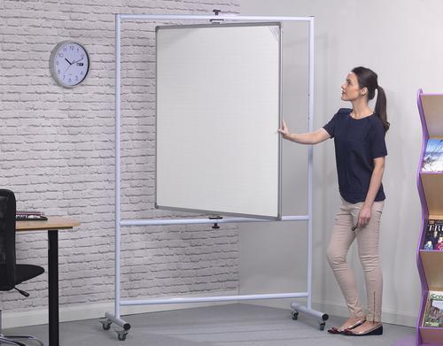 Mobile writing boards are not only an effective way to present information but have the added benefit of a sturdy frame and locking castors, which allow the board to be transported between rooms or positioned closer to the audience.  The Mobile Pivot Board also rotates 360 degrees on the horizontal or vertical axis and can be locked in any position to best suit the audience.The double-sided design represents great value and provides two high quality writing surfaces.