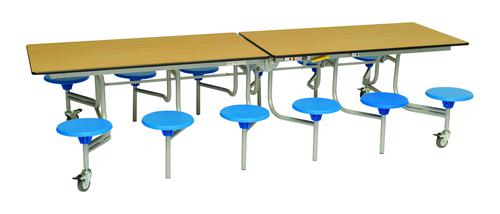 Twelve Seat Rectangular Mobile Folding Table - Oak Top/Blue Stools - 685mm height 
