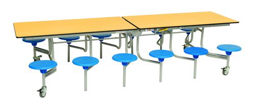 Twelve Seat Rectangular Mobile Folding Table - Maple Top/Blue Stools - 735mm height 