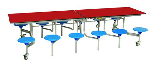 Twelve Seat Rectangular Mobile Folding Table - Red Top/Blue Stools - 735mm height 