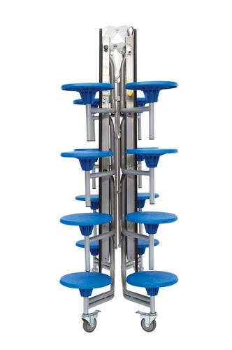 Sixteen Seat Rectangular Mobile Folding Table - Oak Top/Blue Stools - 650mm height 