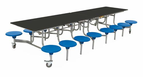 Sixteen Seat Rectangular Mobile Folding Table - Black Top/Blue Stools - 650mm height 