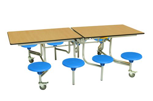 Eight Seat Rectangular Mobile Folding Table - Oak Top/Blue Stools - 685mm height