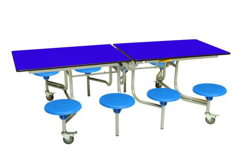 Eight Seat Rectangular Mobile Folding Table - Purple Top/Blue Stools - 685mm height