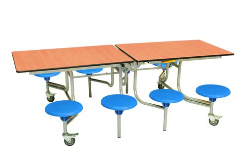 Eight Seat Rectangular Mobile Folding Table - Beech Top/Blue Stools - 735mm height