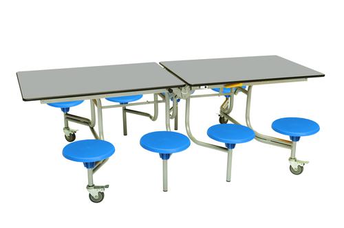 Eight Seat Rectangular Mobile Folding Table - Dove Top/Blue Stools - 735mm height