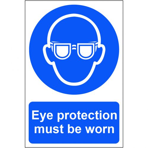 Self adhesive semi-rigid PVC Eye Protection Must Be Worn Sign (200x300mm). Easy to fix; simply peel off the backing and apply to a clean; dry surface.