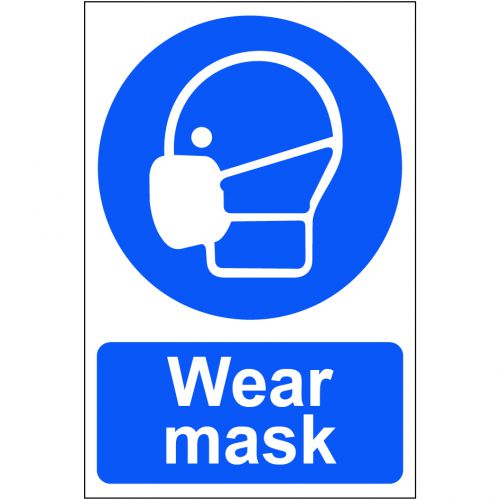 Self adhesive semi-rigid PVC Wear Mask Sign (200 x 300mm). Easy to fix; peel off the backing and apply to a clean; dry surface.