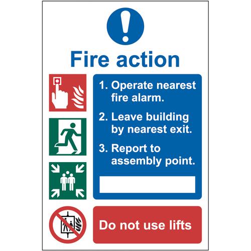 Self adhesive semi-rigid PVC Fire Action Procedure sign (200 x 300mm). Easy to fix; peel off the backing and apply to a clean and dry surface.