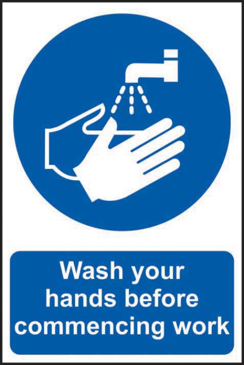 Self adhesive semi-rigid PVC Wash Your Hands Before commencing Work Sign (200 x 300mm). Easy to fix; peel off the backing and apply to a clean and dry