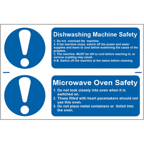 ‘Dishwashing Machine Safety/Microwave Oven Safety’ Sign; Self-Adhesive Semi-Rigid PVC (300mm x 100mm) 2 Per Sheet