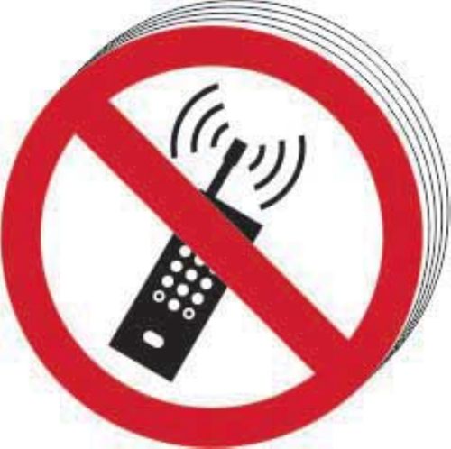 ‘No Mobile Phones Symbol’ Sign; Self-Adhesive Vinyl (50mm dia.) Pack of 10
