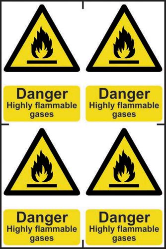 ‘Danger Highly Flammable Gases’ Sign; Self-Adhesive Semi-Rigid PVC; 4 per sheet (100mm x 150mm)