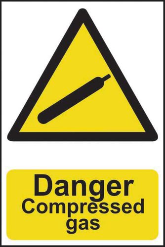 0915 | ‘Danger Compressed Gas’ sign is a 200mm x 300mm hazard warning sign. Made from self-adhesive semi-rigid PVC making it easy to apply to a clean dry surface. All our signs conform to the BS EN ISO 7010 regulation, ensuring that all graphical safety symbols are consistent and compliant.