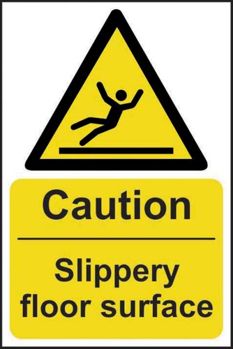 11041 | 'Caution Slippery Floor Surface' sign is a 400mm x 600mm hazard warning sign made from self-adhesive semi-rigid PVC making it easy to apply to a clean dry surface. All our signs conform to the BS EN ISO 7010 regulation, ensuring that all graphical safety symbols are consistent and compliant.Technical Information: Safety signs can be broken down into different categories, as depicted by British and European standards. This sign is a hazard warning sign, which is depicted by a yellow triangle with a black border containing a black image and supporting message (where appropriate). This type of sign prescribes a specific behaviour which must be undertaken.For further details on the types of safety signs and the appropriate legislation please see www.insertreplacement.co.uk