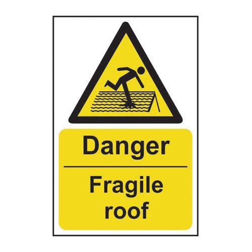 11100 | Danger Fragile Roof' sign is a 200mm x 300mm hazard warning sign made from Rigid 1mm PVC Board which is not adhesive. All our signs conform to the BS EN ISO 7010 regulation, ensuring that all graphical safety symbols are consistent and compliant.