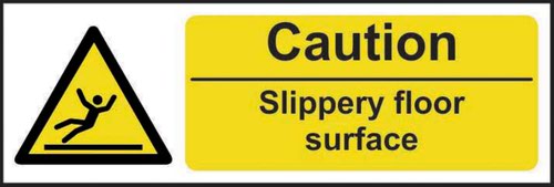 11103 | 'Caution Slippery Floor Surface' sign is a 300mm x 100mm hazard warning sign made from self-adhesive semi-rigid PVC making it easy to apply to a clean dry surface. All our signs conform to the BS EN ISO 7010 regulation, ensuring that all graphical safety symbols are consistent and compliant.Technical Information: Safety signs can be broken down into different categories, as depicted by British and European standards. This sign is a hazard warning sign, which is depicted by a yellow triangle with a black border containing a black image and supporting message (where appropriate). This type of sign prescribes a specific behaviour which must be undertaken.For further details on the types of safety signs and the appropriate legislation please see www.insertreplacement.co.uk